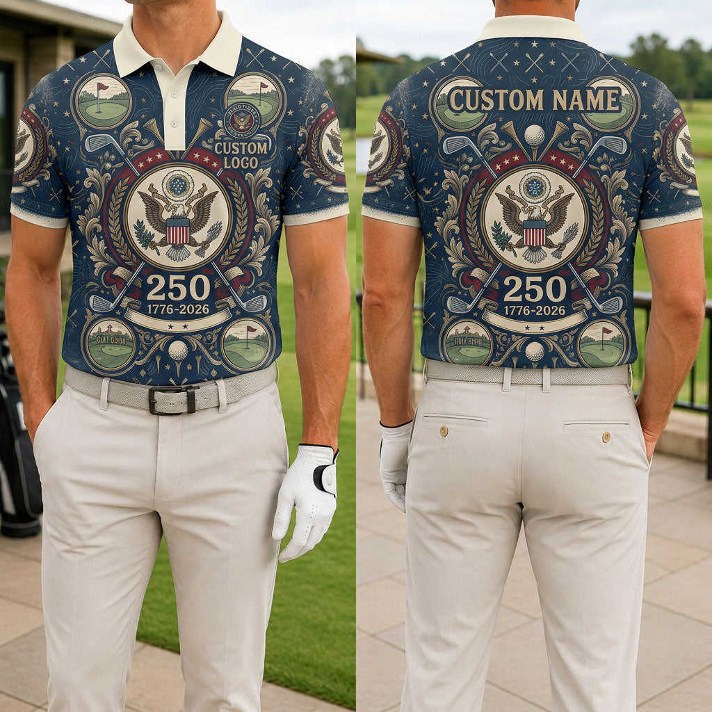 Front and back view of a man wearing the navy blue USA 250th anniversary golf polo shirt with custom name on the back.