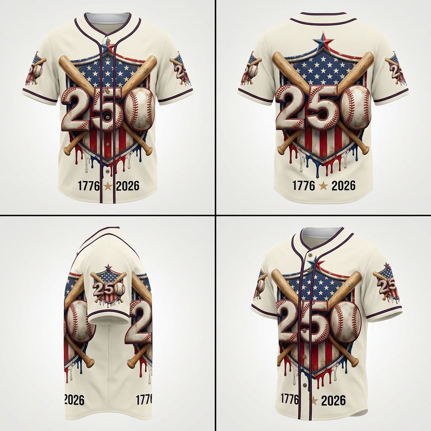 Collage Showing Front, Back, And Side Design Perspectives Of The Custom Shield Baseball Jersey