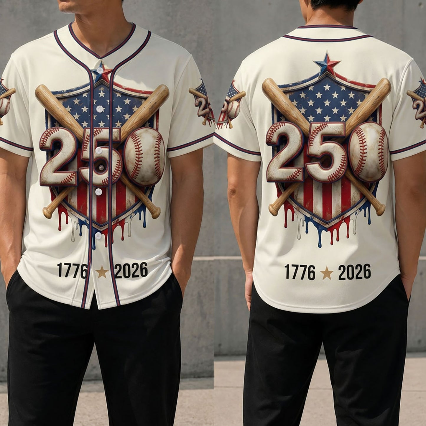 Front And Back View Of The USA 250th Anniversary Baseball Shield Jersey With Crossed Bat Design