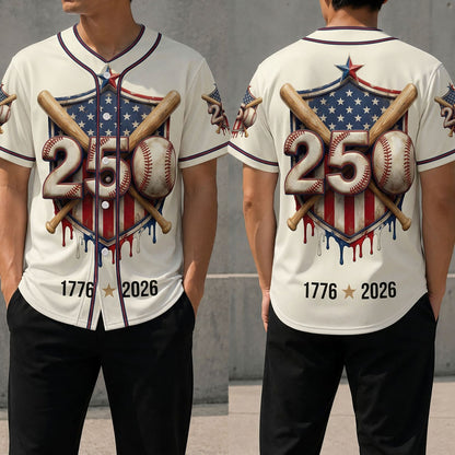Front And Back View Of The USA 250th Anniversary Baseball Shield Jersey With Crossed Bat Design