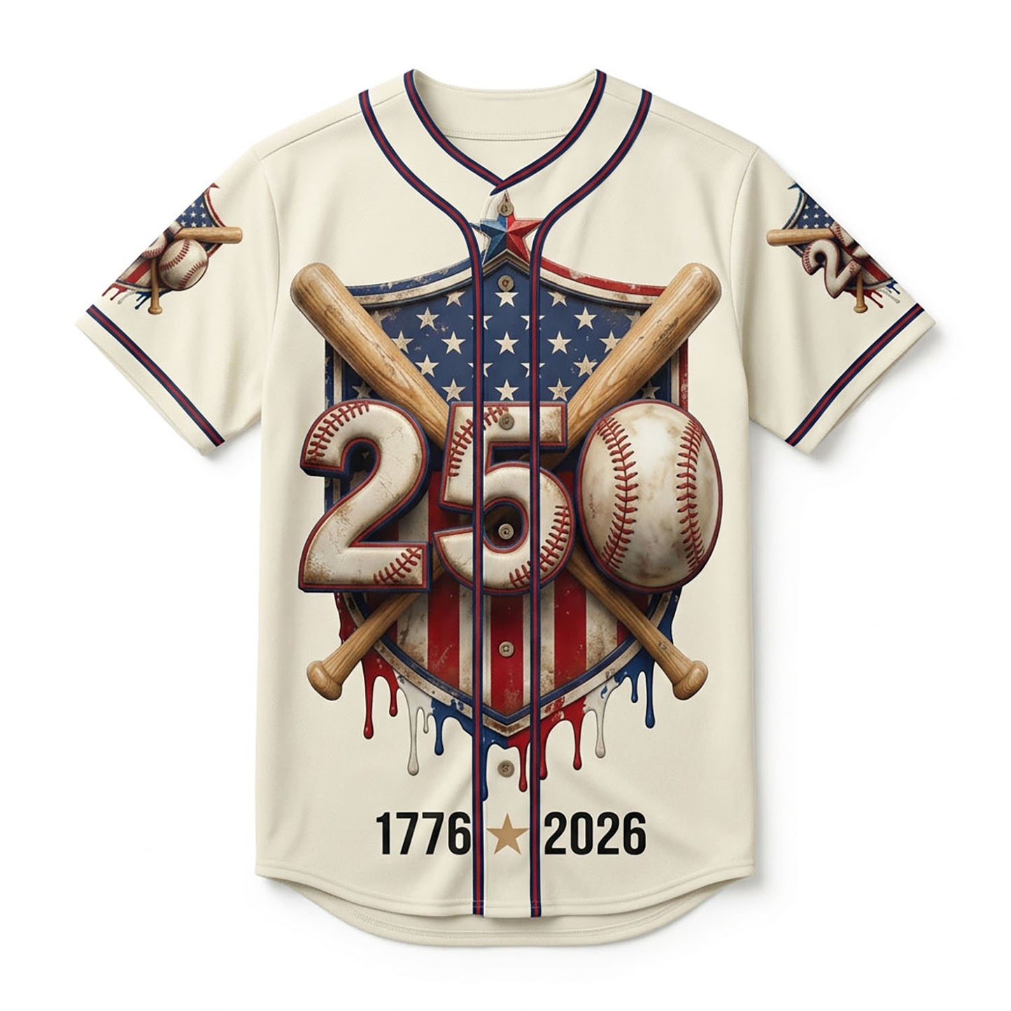 Isolated Front View Of The Patriotic 1776-2026 American 250th Anniversary Baseball Shield Shirt