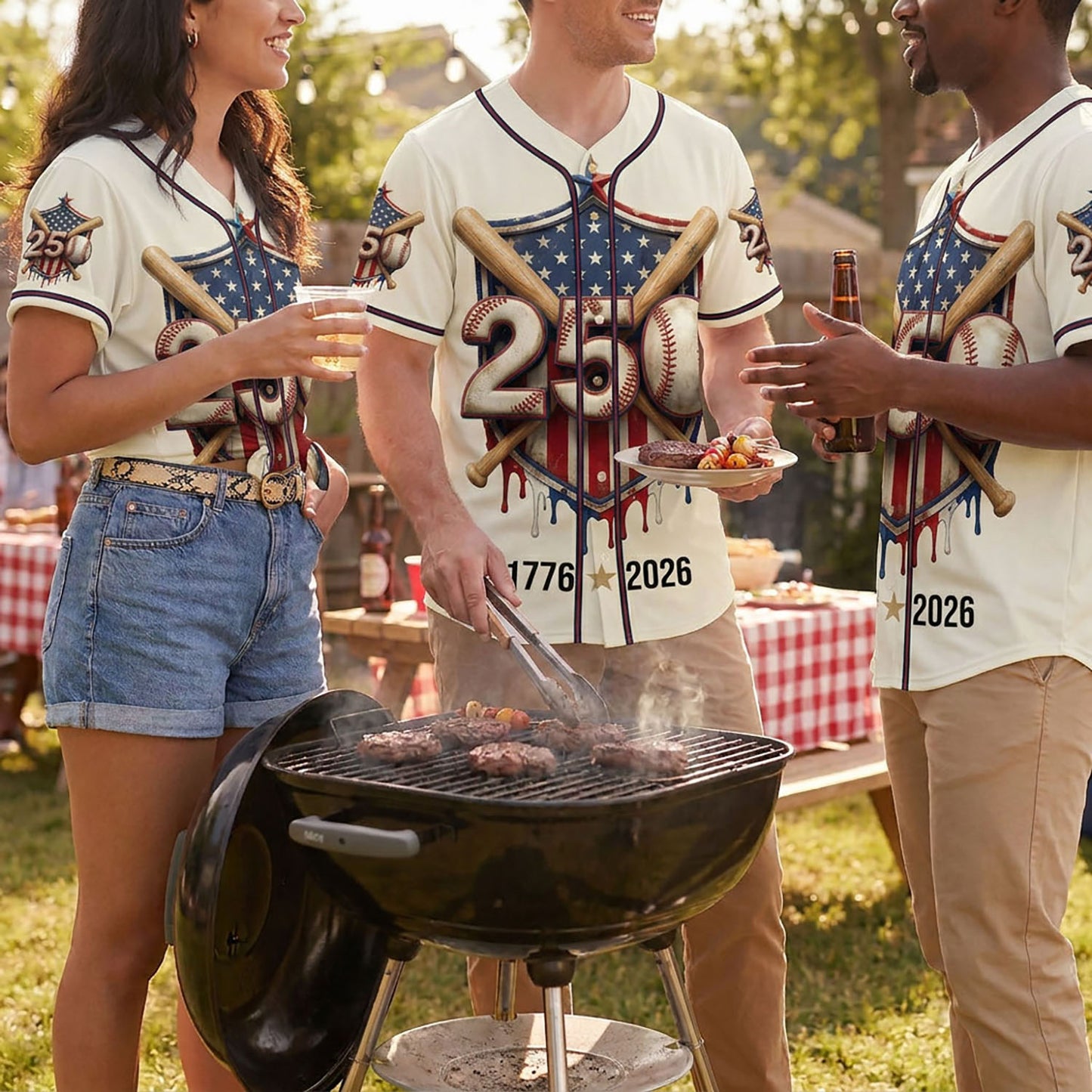People Wearing USA 250th Anniversary Shield Baseball Jerseys At A Festive Outdoor Summer Barbecue