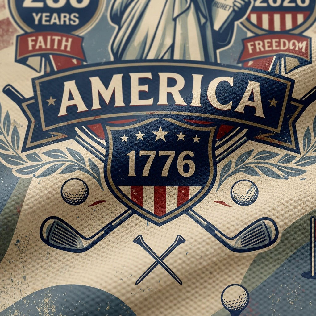Close up detail of the golf polo displaying the high-definition Statue of Liberty emblem, America 1776 crest, and golf green elements.