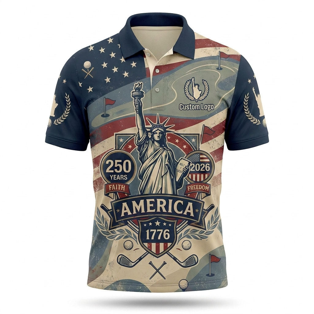 Flat lay presentation of the custom premium patriotic USA 250 years anniversary Statue of Liberty activewear polo shirt.