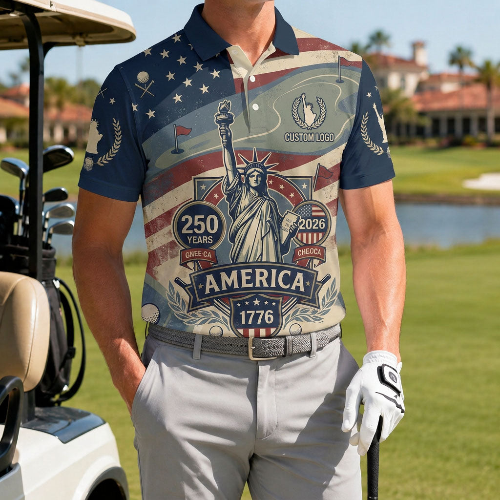 A male golfer wearing the personalized vintage 1776-2026 Statue of Liberty golf polo shirt standing near a golf cart.