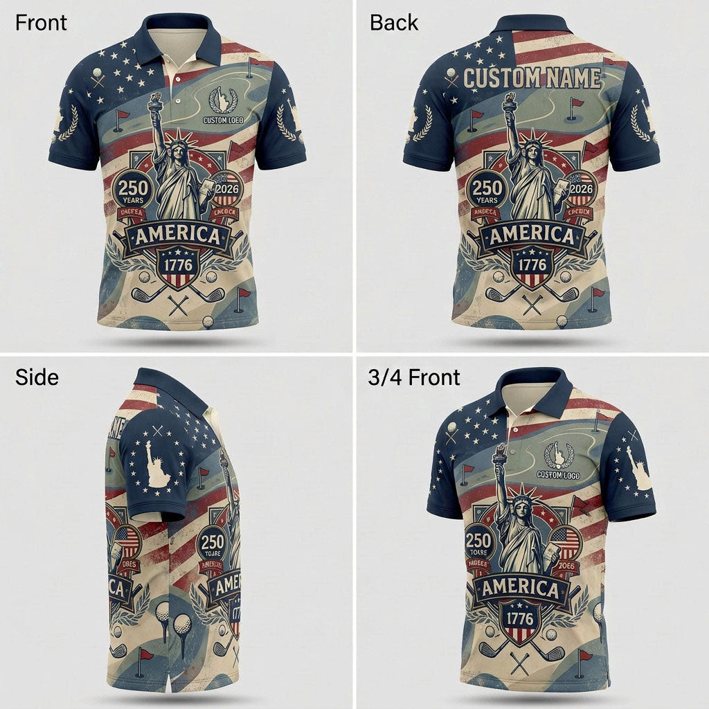 Four-angle product showcase grid displaying the detailed star-spangled graphics and tailored athletic fit of the custom liberty polo.