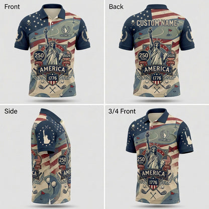 Four-angle product showcase grid displaying the detailed star-spangled graphics and tailored athletic fit of the custom liberty polo.