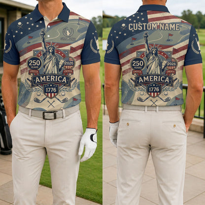 Front and back view of a man wearing the vintage patriotic USA 250th anniversary Statue of Liberty fairway golf polo with custom name.