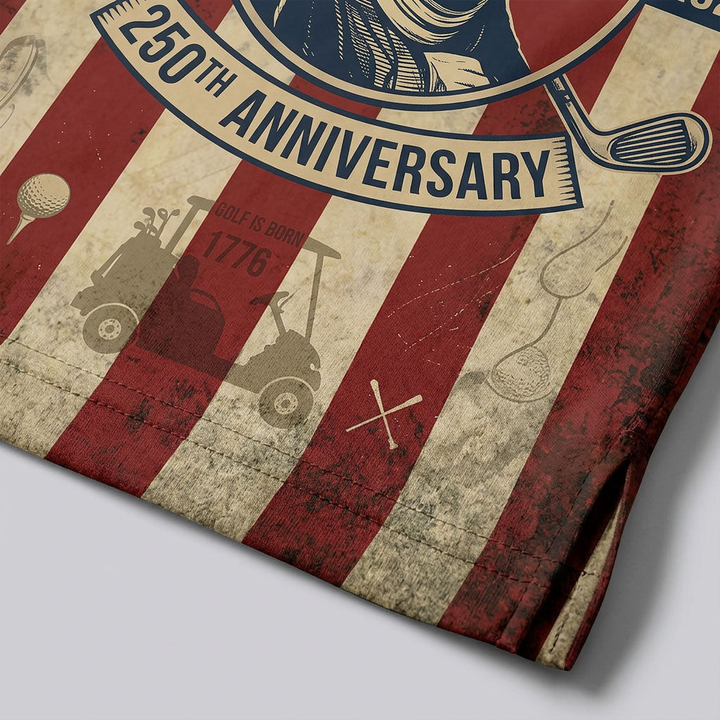 Close up detail of the golf polo hem displaying vintage American stripes, golf cart silhouettes.