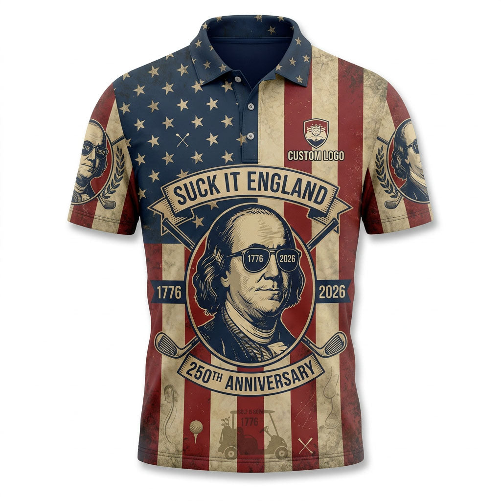 Flat lay presentation of the custom funny vintage Benjamin Franklin 250 years anniversary golf polo shirt.