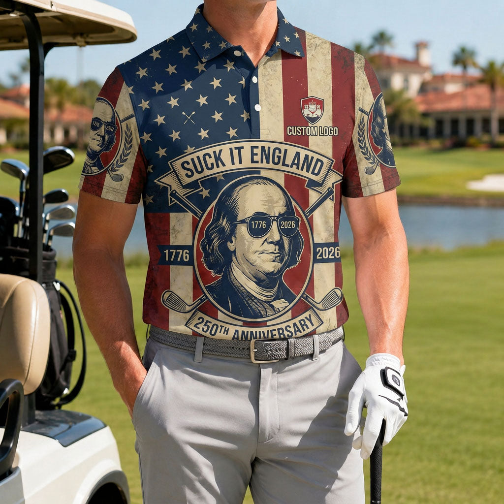 A male golfer wearing the personalized funny 1776-2026 Benjamin Franklin sunglasses golf polo shirt standing by a golf cart.