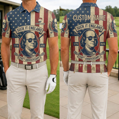 Front and back view of a man wearing the funny Benjamin Franklin Suck It England USA 250th anniversary golf polo with custom name.
