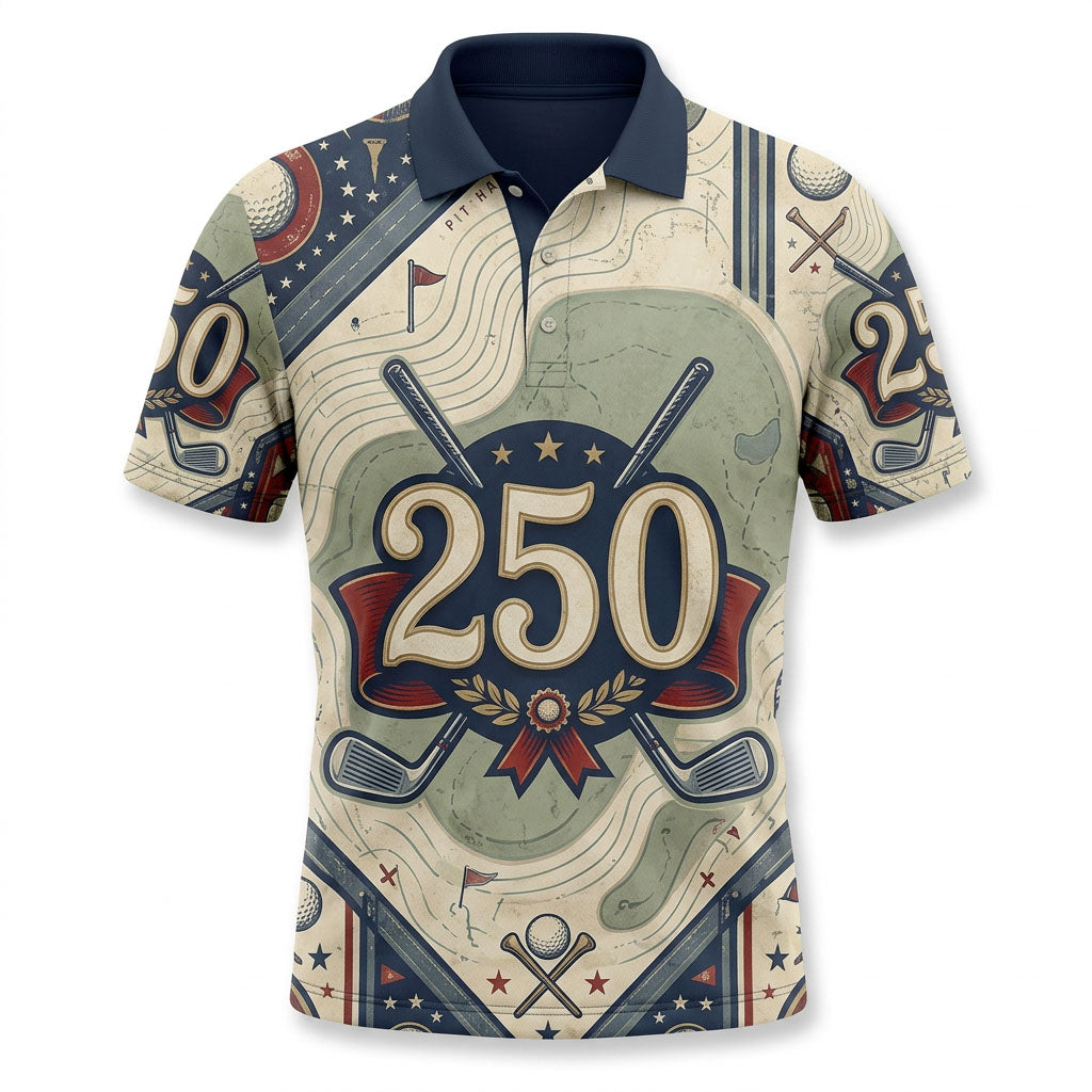 Flatlay view of commemorative 1776-2026 topographic golf polo