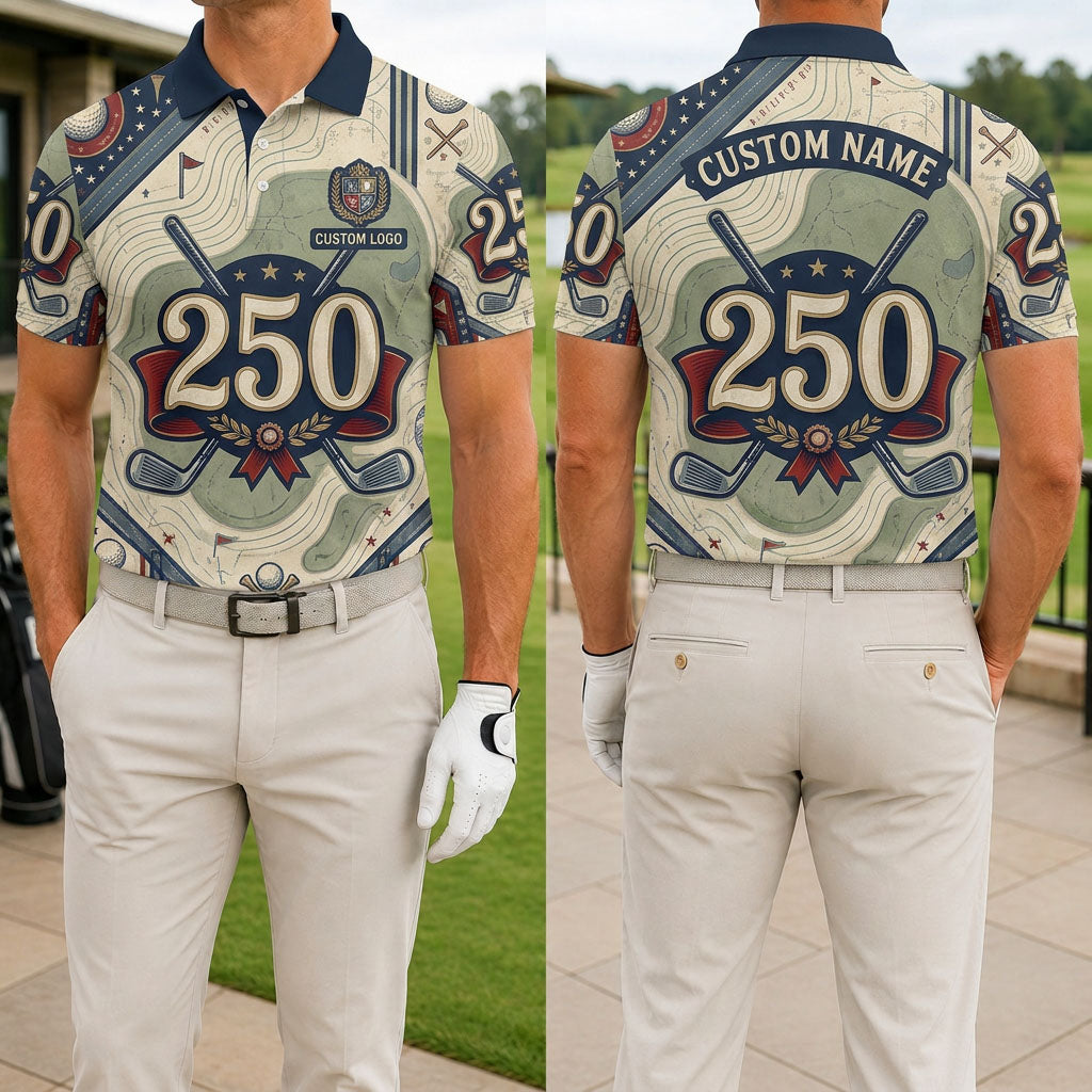 Front and back view of USA 250th anniversary topographic golf polo