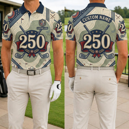 Front and back view of USA 250th anniversary topographic golf polo