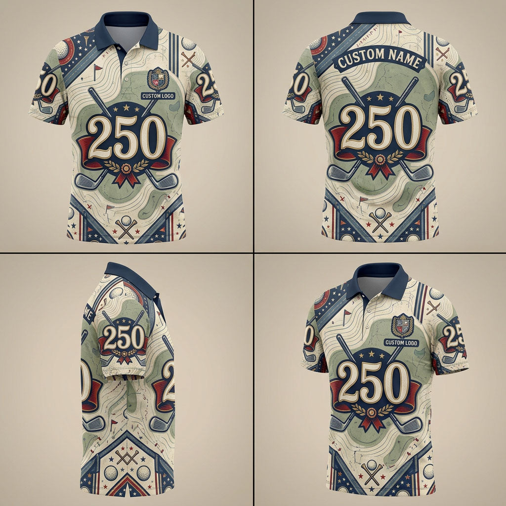 Product grid view of 250th anniversary custom topographic golf polo