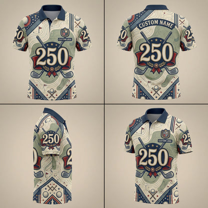 Product grid view of 250th anniversary custom topographic golf polo
