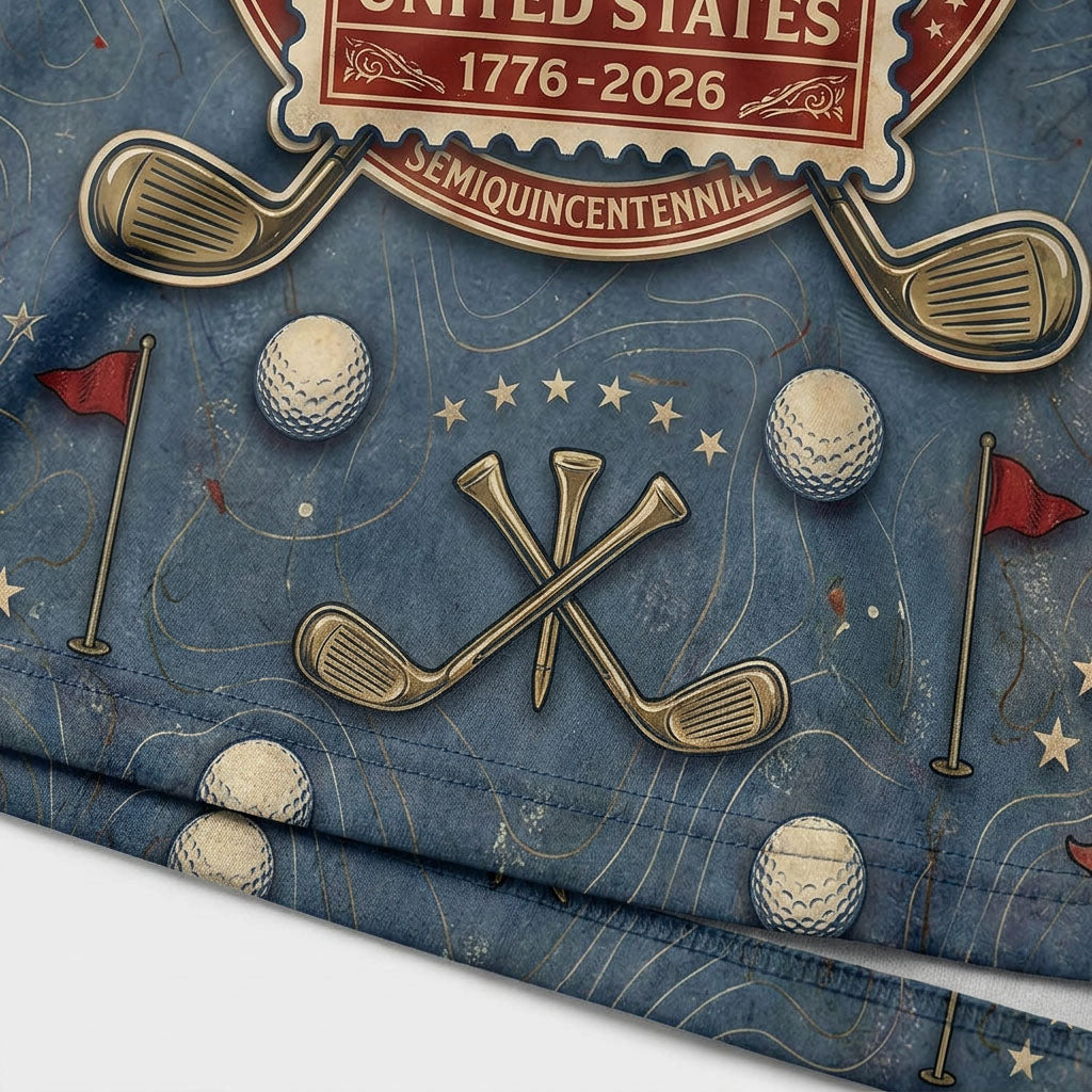 Close up detail of the custom golf polo showing the vintage US Postage 250 Years stamp graphic and distressed pattern.