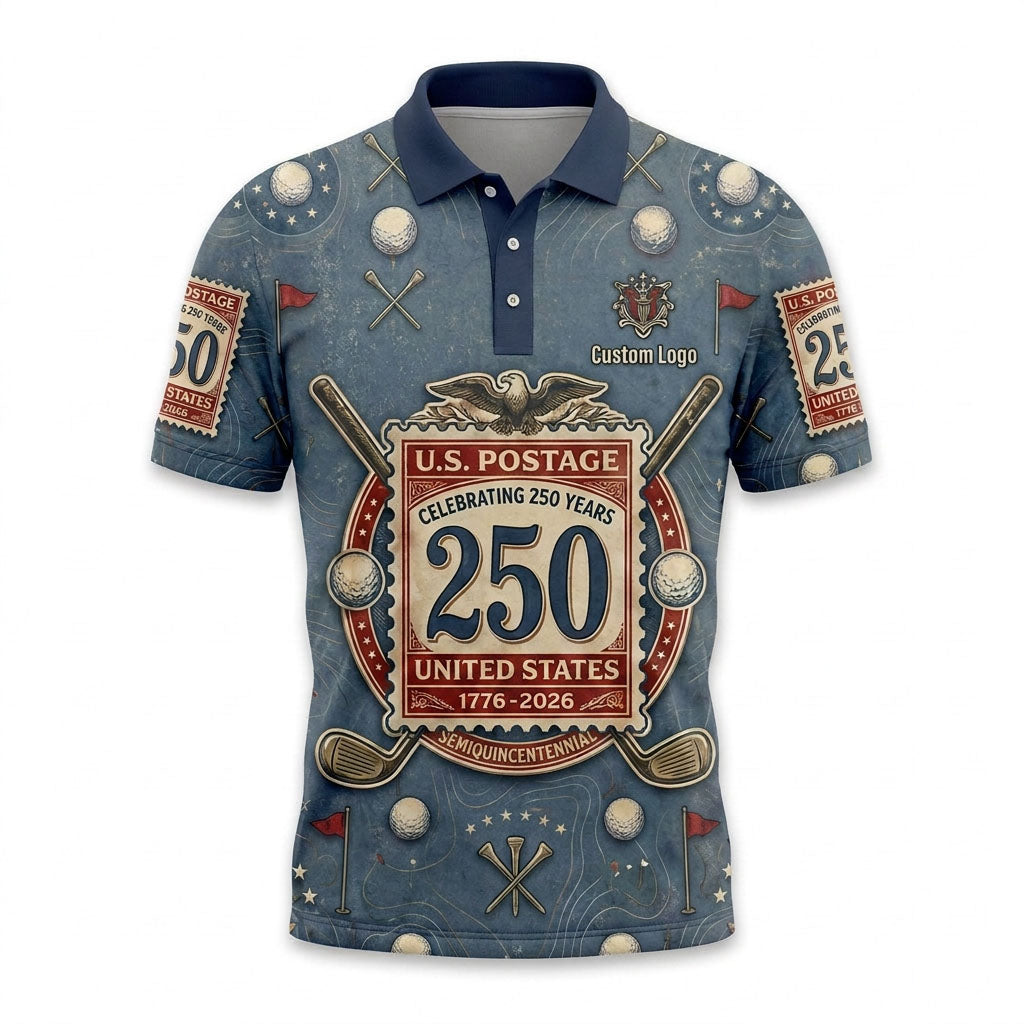 Flat lay photo of the premium blue vintage style US postage stamp 250 years anniversary activewear polo shirt.