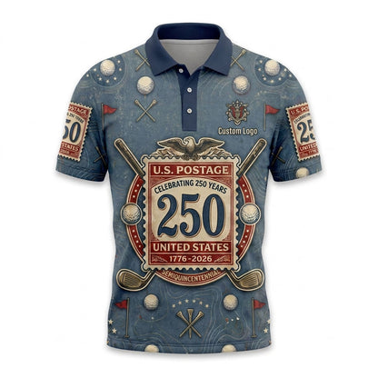 Flat lay photo of the premium blue vintage style US postage stamp 250 years anniversary activewear polo shirt.