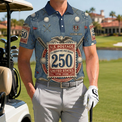 A male golfer wearing the personalized vintage 1776-2026 US postage stamp golf polo shirt next to a golf cart.