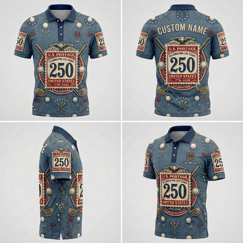Product showcase grid with 4 views displaying the stamp artwork and tailored athletic fit of the custom patriotic polo.