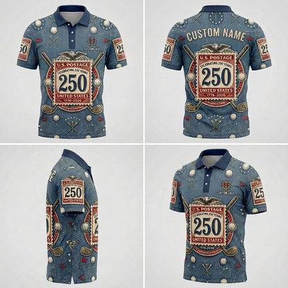 Product showcase grid with 4 views displaying the stamp artwork and tailored athletic fit of the custom patriotic polo.