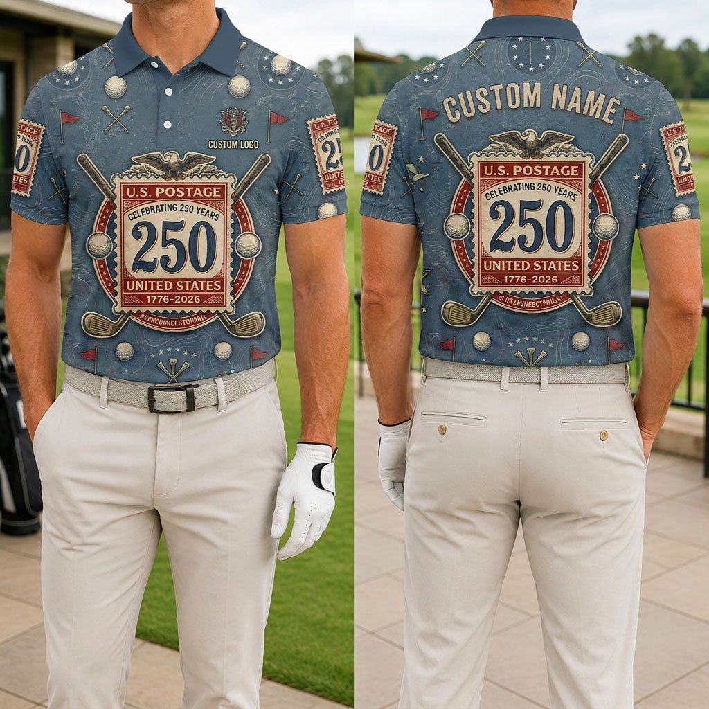 Front and back view of a man wearing the blue vintage US postage stamp USA 250th anniversary golf polo with custom name.