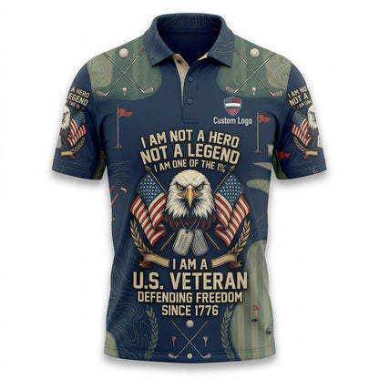 Flat lay photo of the premium navy and army green USA 250th anniversary veteran activewear polo shirt.