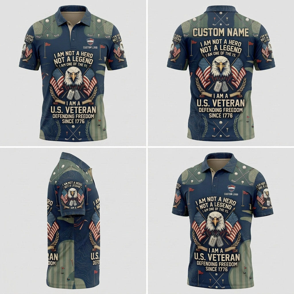 Four-angle product showcase grid displaying the military veteran design and tailored athletic fit of the custom patriotic polo.