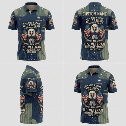 Four-angle product showcase grid displaying the military veteran design and tailored athletic fit of the custom patriotic polo.
