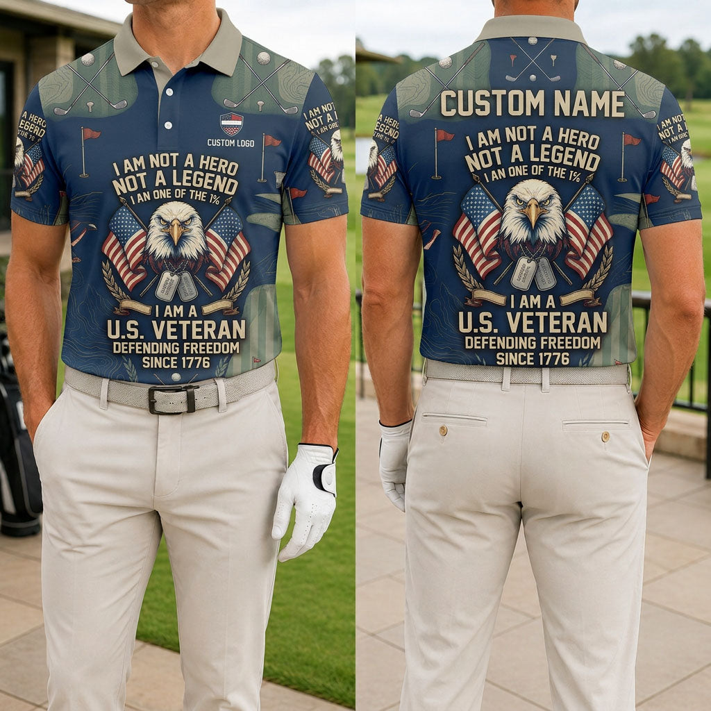 Front and back view of a man wearing the camo blue USA 250th anniversary US veteran defending freedom golf polo with custom name.