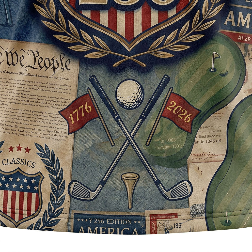 Close up detail of the polo highlighting the vintage America 250 shield, crossed golf clubs, and historical patchwork textures.