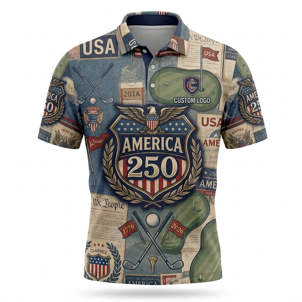 Flat lay photo of the custom vintage patchwork USA 250th anniversary America shield activewear polo shirt.