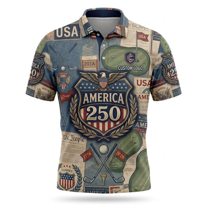 Flat lay photo of the custom vintage patchwork USA 250th anniversary America shield activewear polo shirt.
