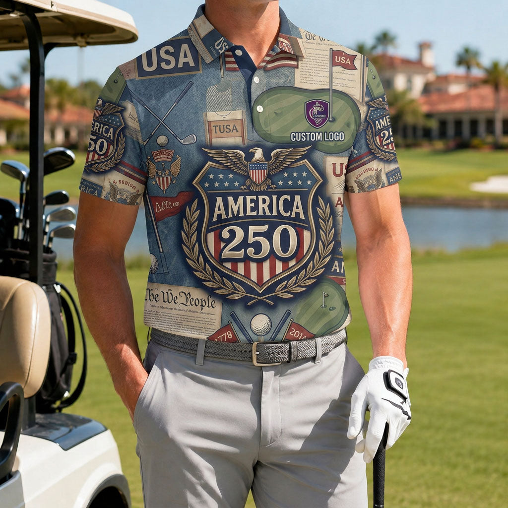 A male athlete wearing the personalized vintage America 250 shield golf polo shirt standing next to a golf cart.