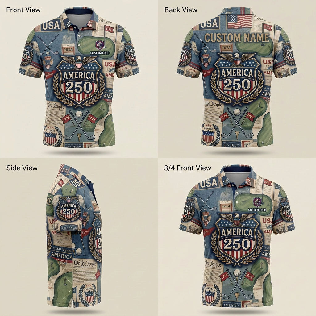 Product presentation grid with 4 views showing the historical shield artwork and fit of the custom patriotic polo.