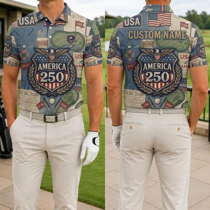 Front and back view of a man wearing the vintage patchwork USA 250th anniversary America shield golf polo with custom name.