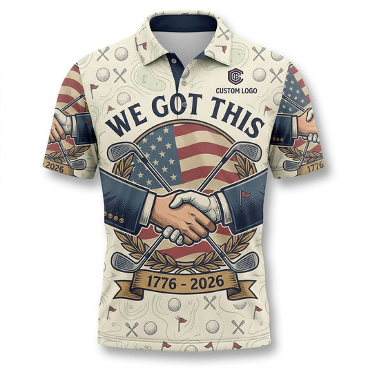 Flat lay presentation of the cream-colored custom USA 250th anniversary patriotic golf polo with a navy blue collar.