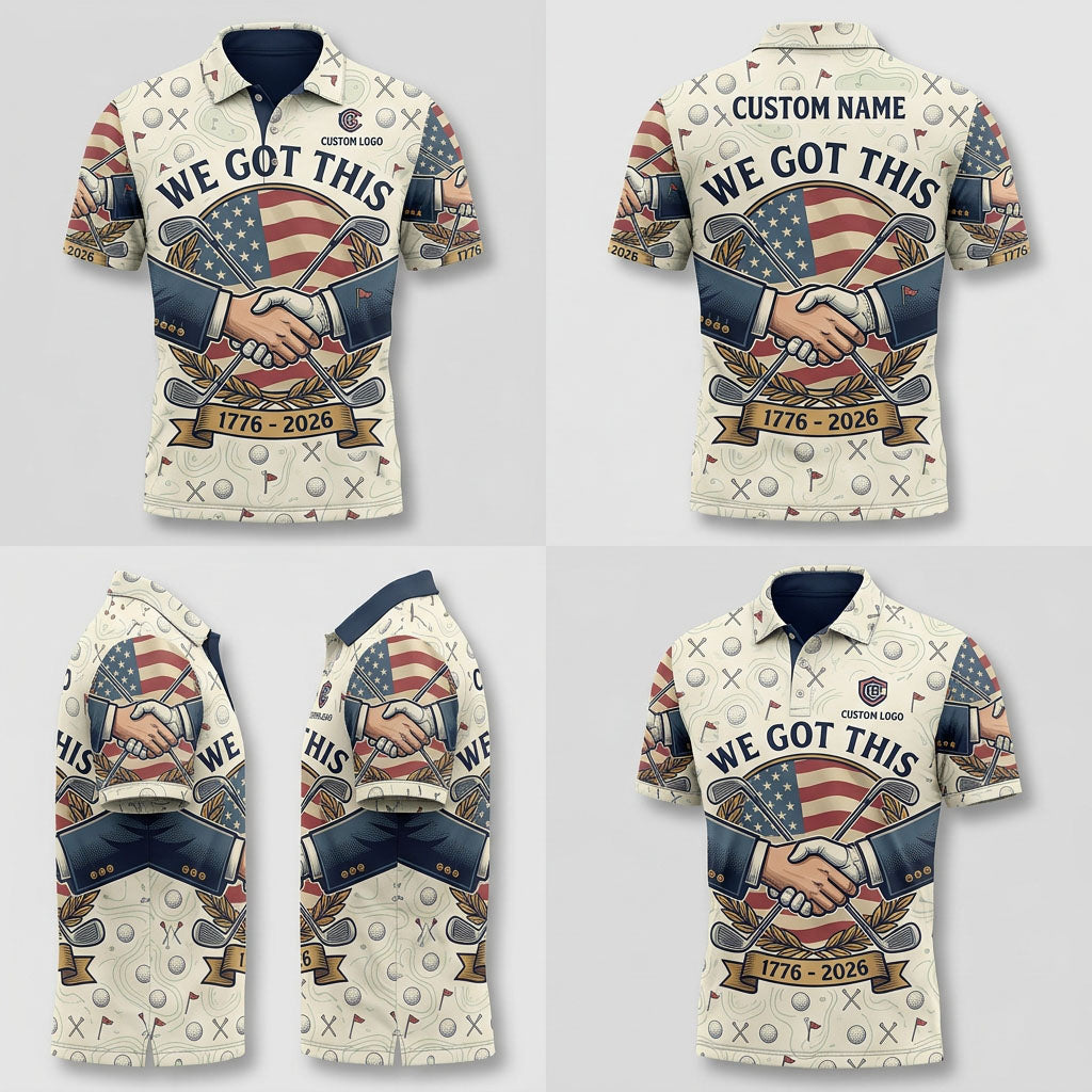 Four-angle product grid displaying the front, back, side, and perspective views of the patriotic "We Got This" golf polo.