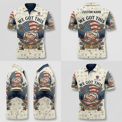 Four-angle product grid displaying the front, back, side, and perspective views of the patriotic "We Got This" golf polo.