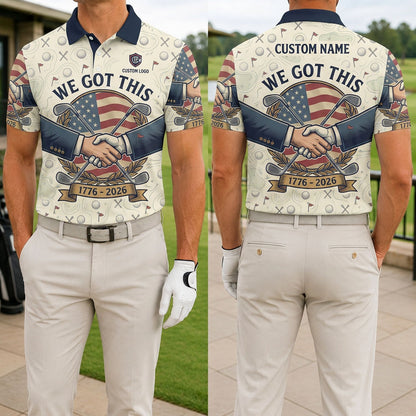 Front and back view of a man wearing the cream-colored USA 250th anniversary golf polo shirt with custom name.