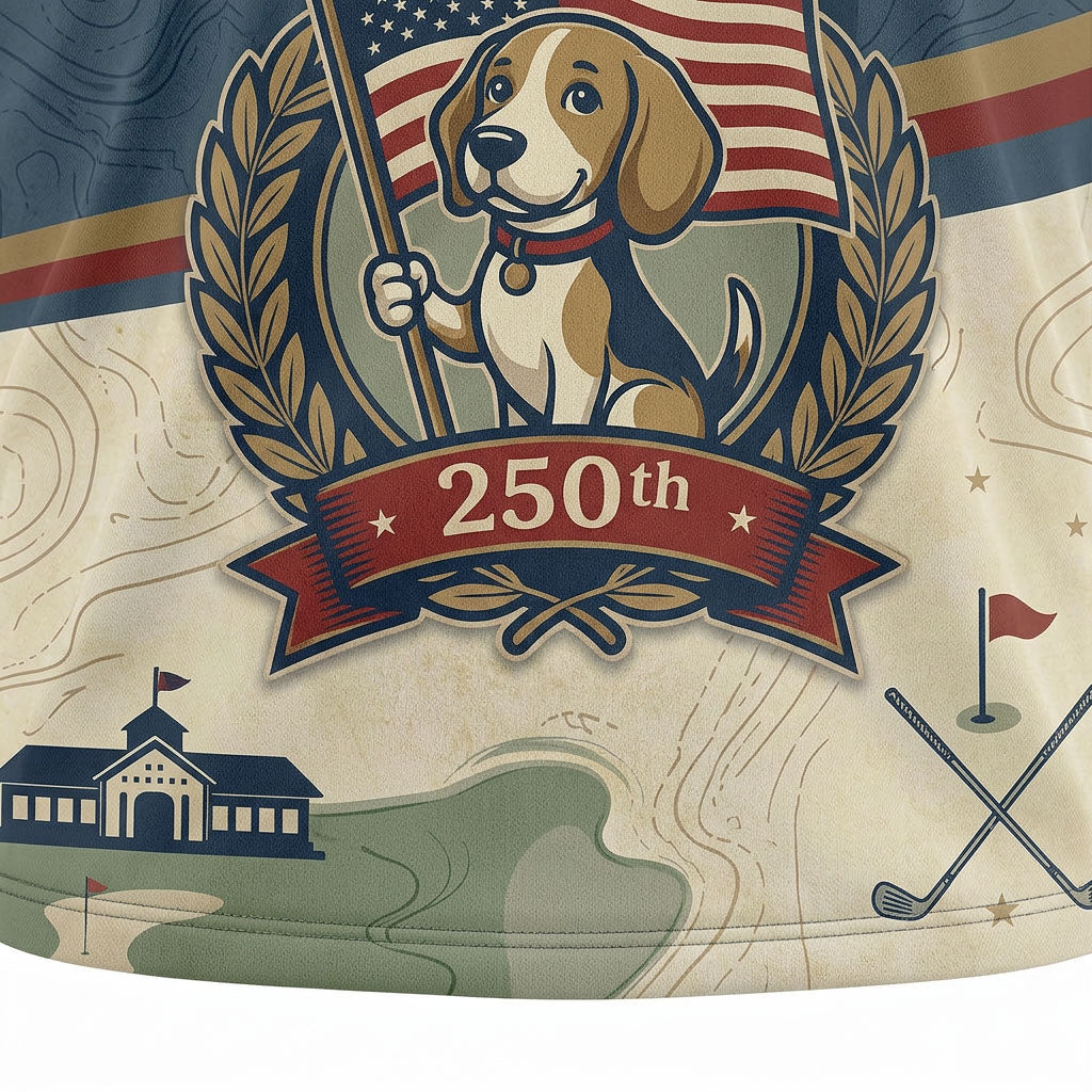 Close-up of beagle holding American flag on 250th anniversary golf polo