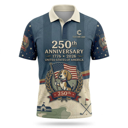 Flatlay view of USA 250th anniversary beagle patriot golf polo