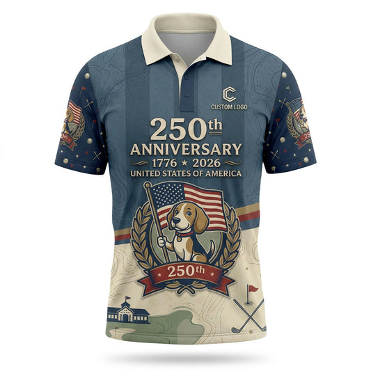 Flatlay view of USA 250th anniversary beagle patriot golf polo