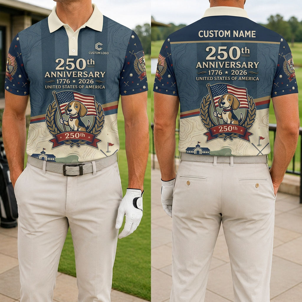Front and back view of USA 250th anniversary beagle patriot golf polo
