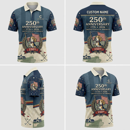 Product grid view of 250th anniversary beagle custom golf polo