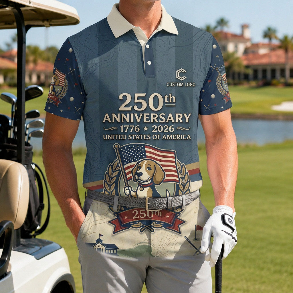 Male golfer on course wearing USA 250th anniversary beagle golf polo