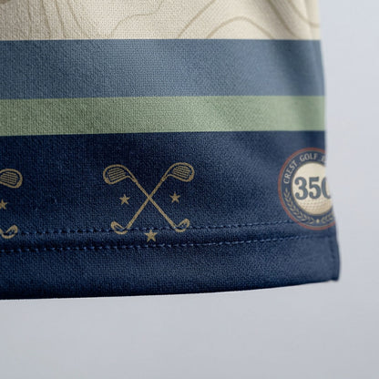 Close-up of 250th anniversary crest emblem and golf motifs on polo