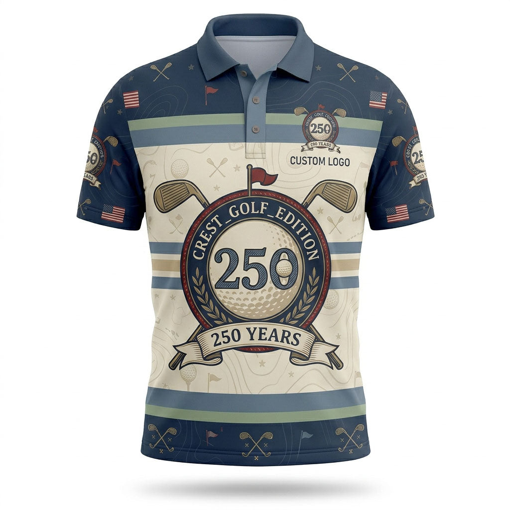 Full flatlay view of commemorative 250th anniversary crest golf polo